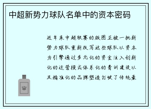 中超新势力球队名单中的资本密码